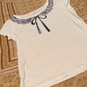 NWT LOFT White Top with Printed Navy Lace/Bow, Rhinestones, Cotton Blend, M